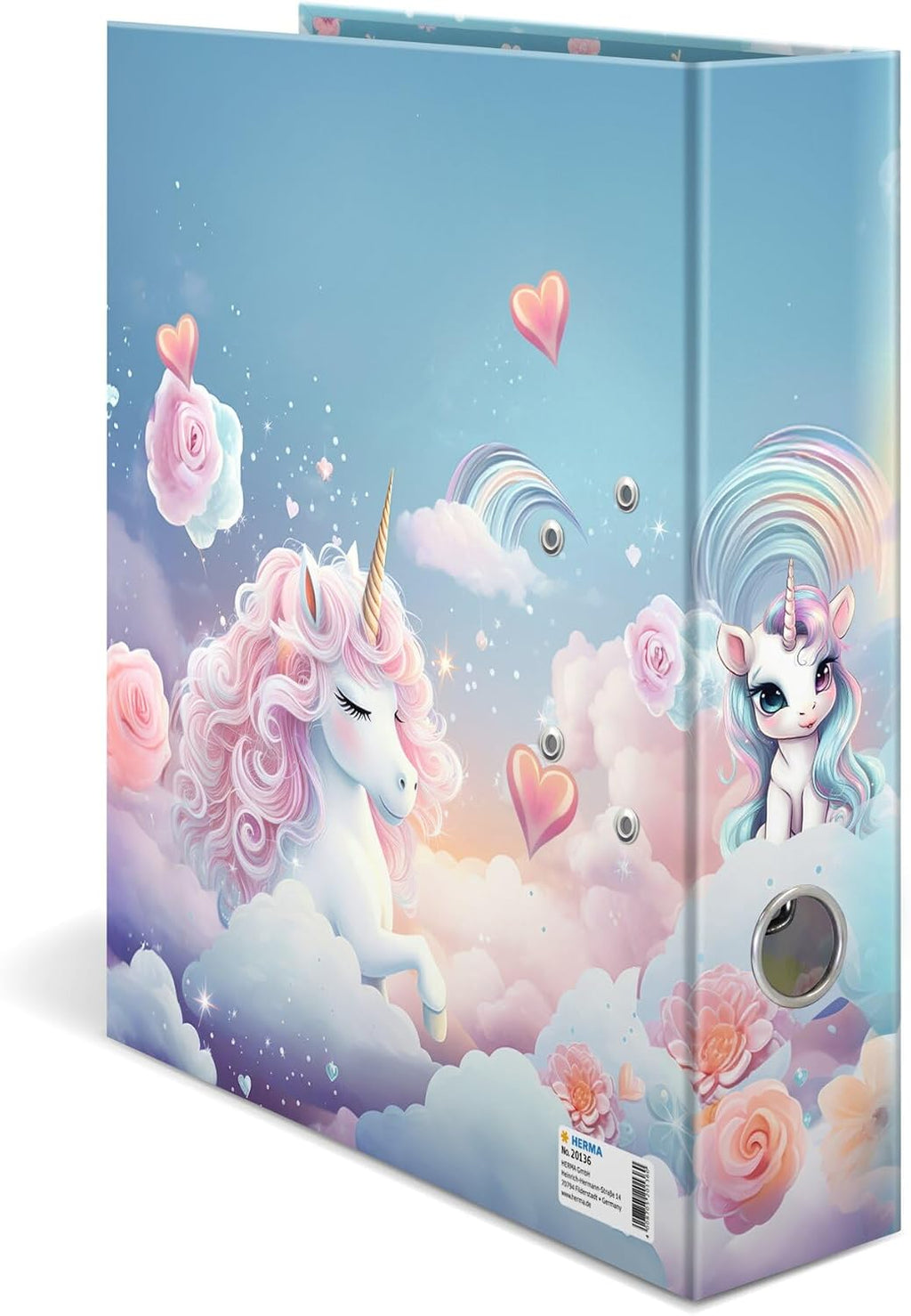 HERMA A4 Lever Arch File Happy Unicorn, 70mm Spine, Heavy Duty Folder with Animal Motif, Glossy Finish & Inner Print, Kids Ring Binder, Archiving Folder & Storage File Organizer
