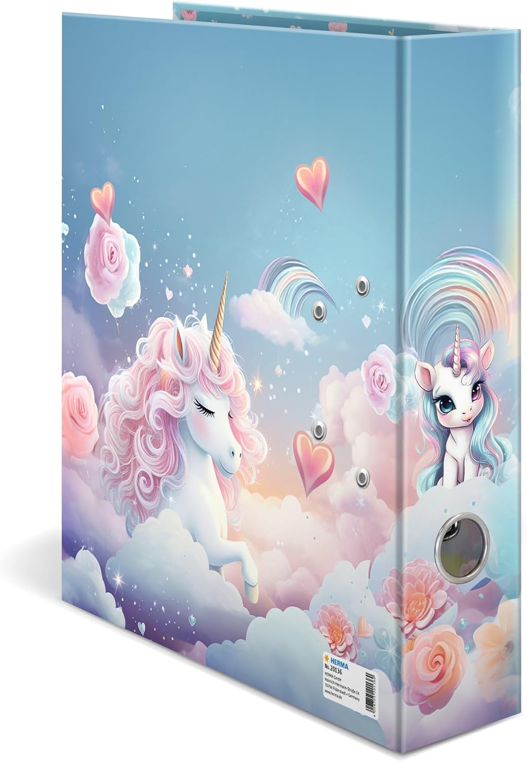 HERMA A4 Lever Arch File Happy Unicorn, 70mm Spine, Heavy Duty Folder with Animal Motif, Glossy Finish & Inner Print, Kids Ring Binder, Archiving Folder & Storage File Organizer