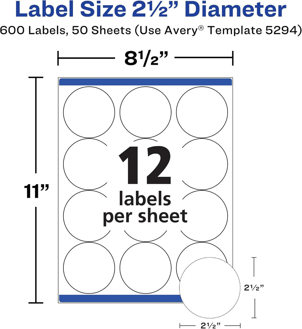 Avery® High Visibility Printable Round Labels, Sure Feed® Technology, 2.5" Diameter, White, Laser Printer, 300 per Pack, 2 Packs, 600 Customizable Blank Labels Total (45294)