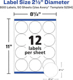 Avery® High Visibility Printable Round Labels, Sure Feed® Technology, 2.5" Diameter, White, Laser Printer, 300 per Pack, 2 Packs, 600 Customizable Blank Labels Total (45294)