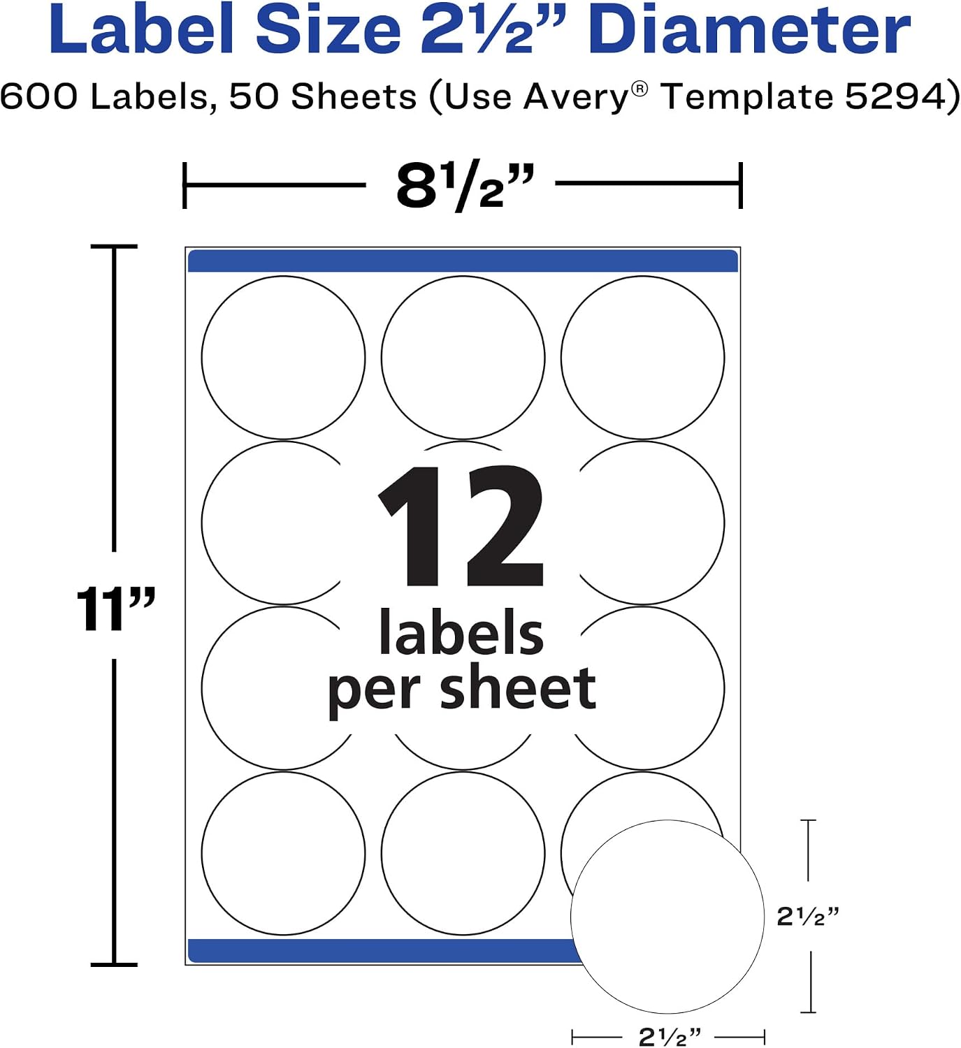 Avery® High Visibility Printable Round Labels, Sure Feed® Technology, 2.5" Diameter, White, Laser Printer, 300 per Pack, 2 Packs, 600 Customizable Blank Labels Total (45294)