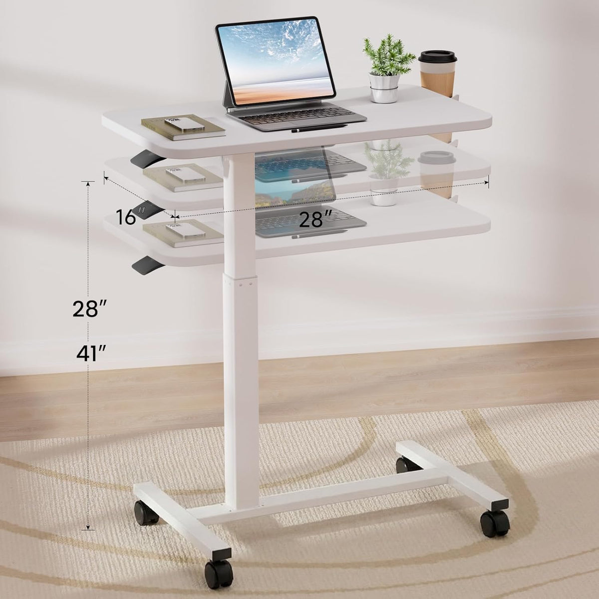 GTPLAYER Small Standing Desk with Wheels, Pneumatic Mobile Rolling Laptop Des...