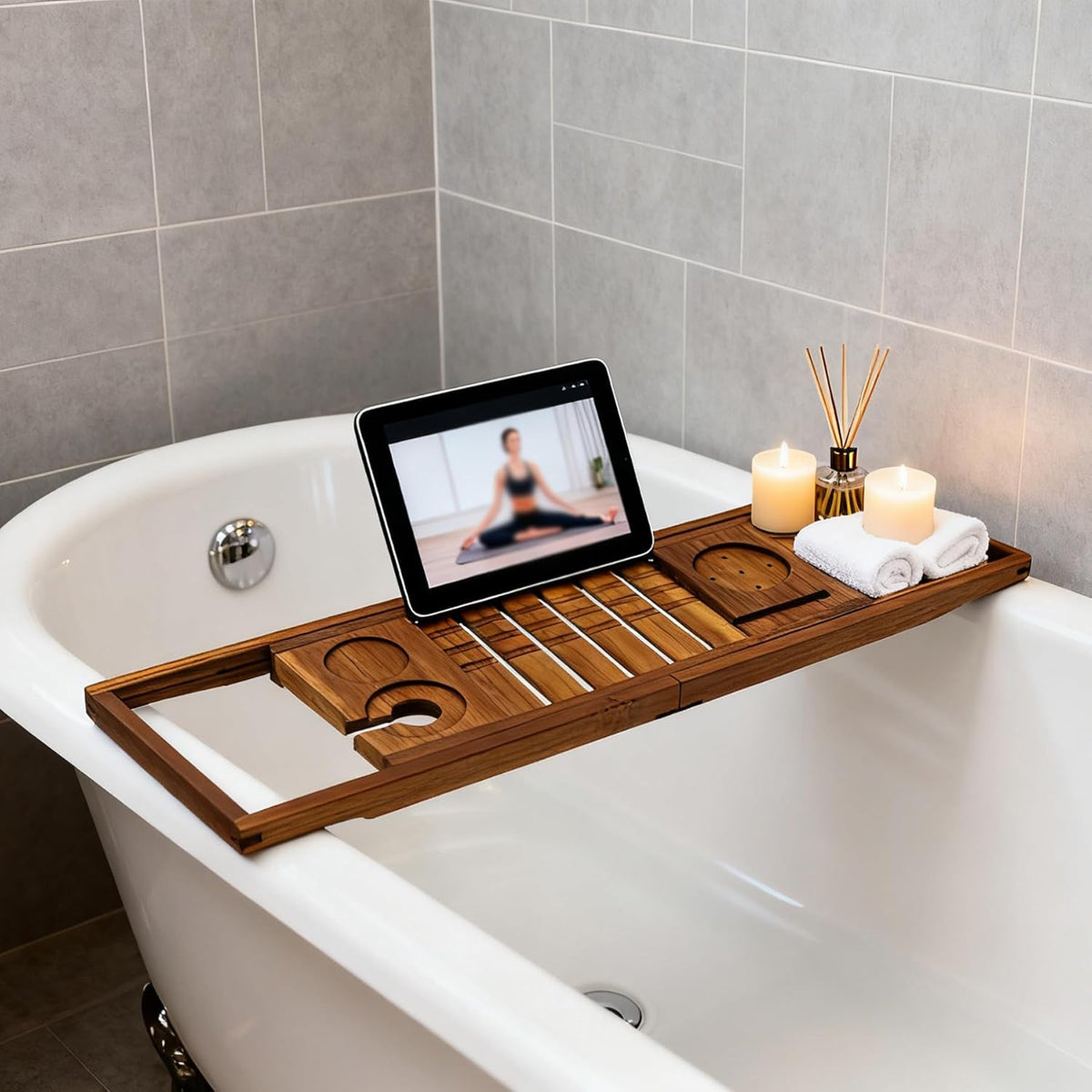 Utoplike Teak Bathtub Caddy, Expandable Bath Table Tray for Tub
