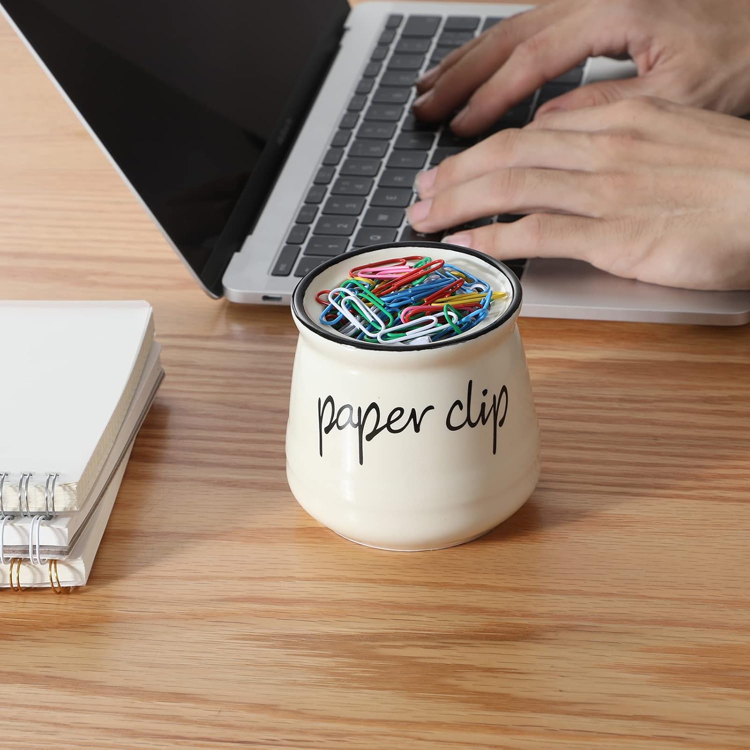 Farmhouse Ceramic Paper Clip Holders (Beige) | Ceramic, farmhouse, paper clips, binder clips, push pins, organizer, desk, cute, 12oz, durable, easy-clean, compact, non-slip