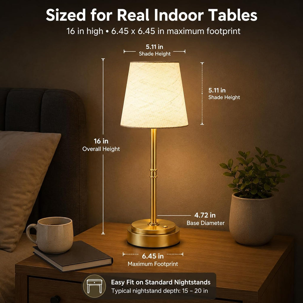 rechargeable cordless table lamp, nightstand to end table,gold,1 on a desk or shelf