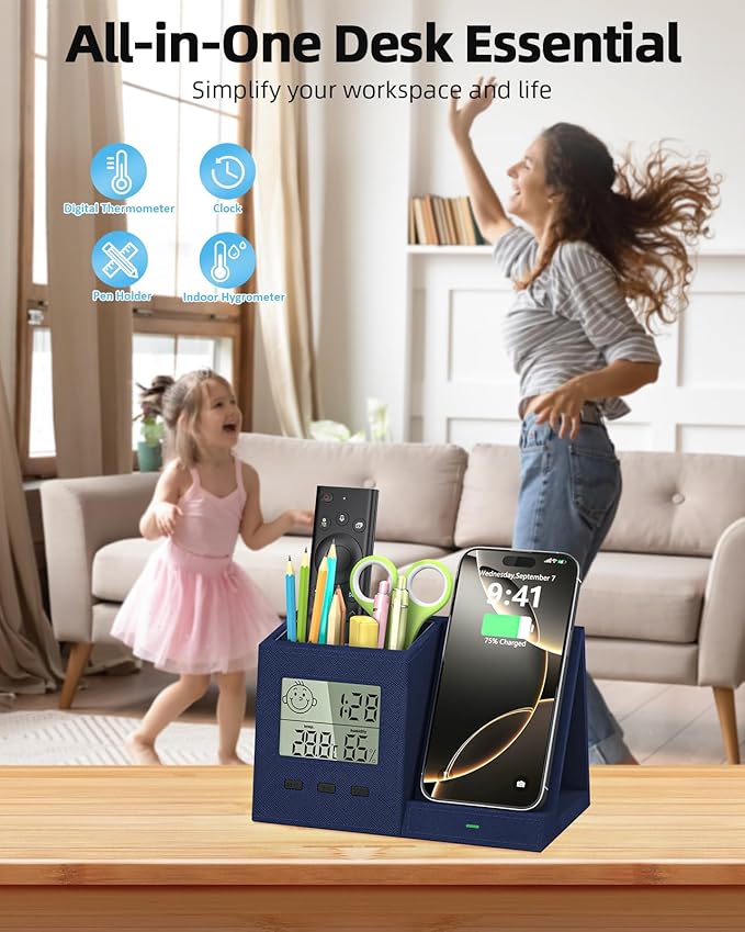 3-in-1 Wireless Charger with Pen Holder, Desk Clocks with Temperature and - Image 3