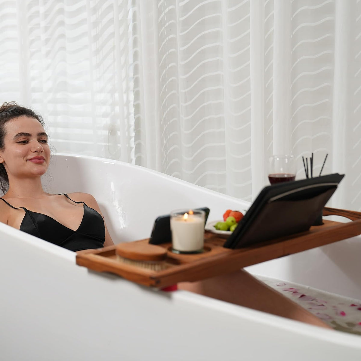 Utoplike Teak Bathtub Caddy, Expandable Bath Table Tray for Tub
