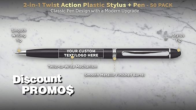 DISCOUNT PROMOS Custom Twist Action Plastic Stylus Pens, Personalized Bulk Pack - Image 3