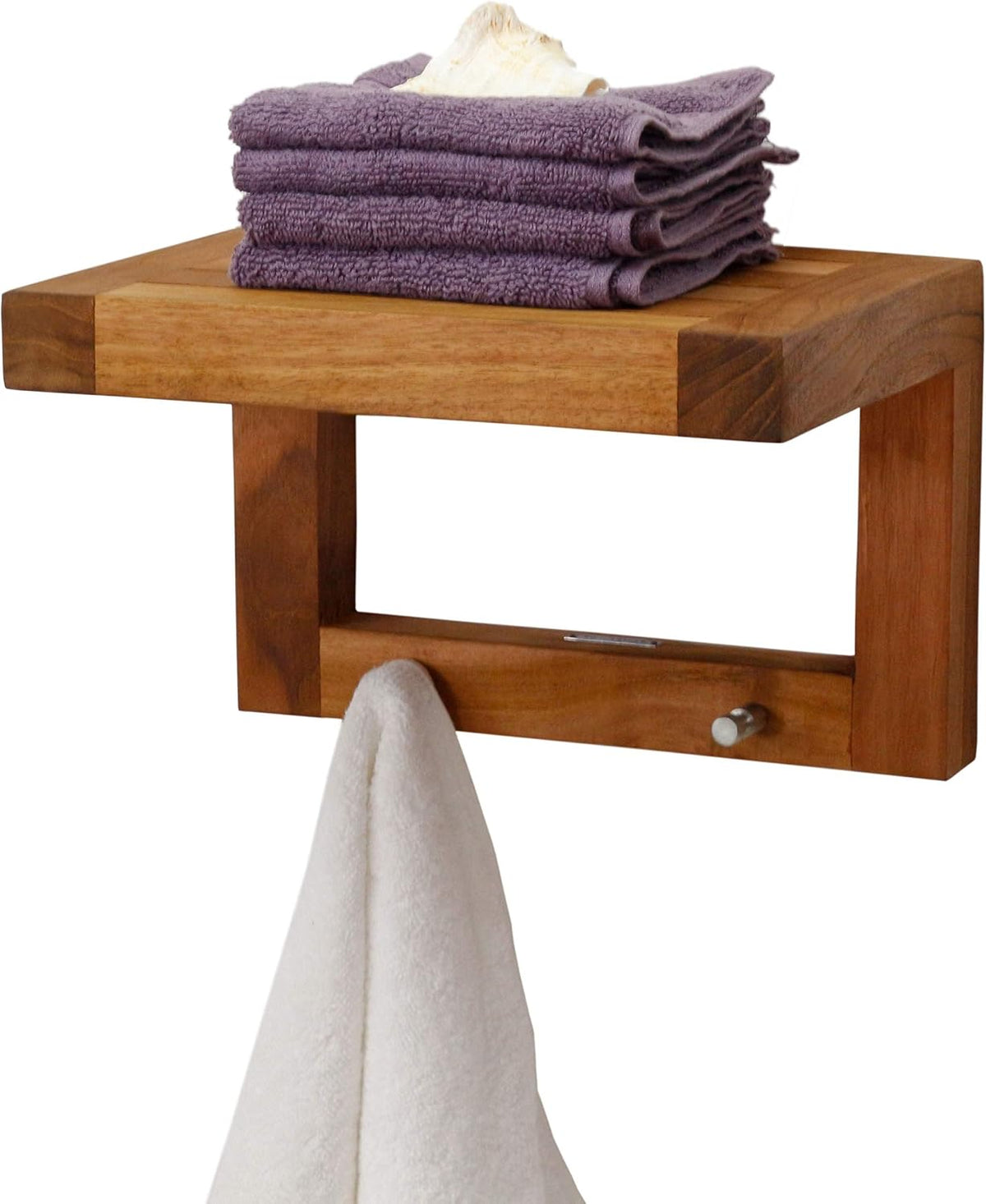 AquaTeak 12" Moa Floating Teak Wall Shelf with Hooks