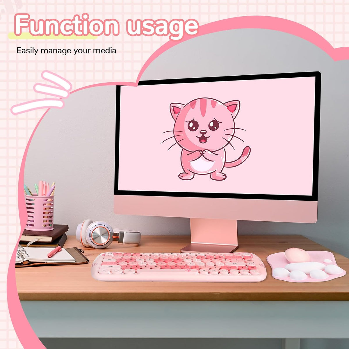 3 Pcs Cute Cat Keyboard and Mouse Combo, USB Wireless with Cat Paw Mouse Pad,...