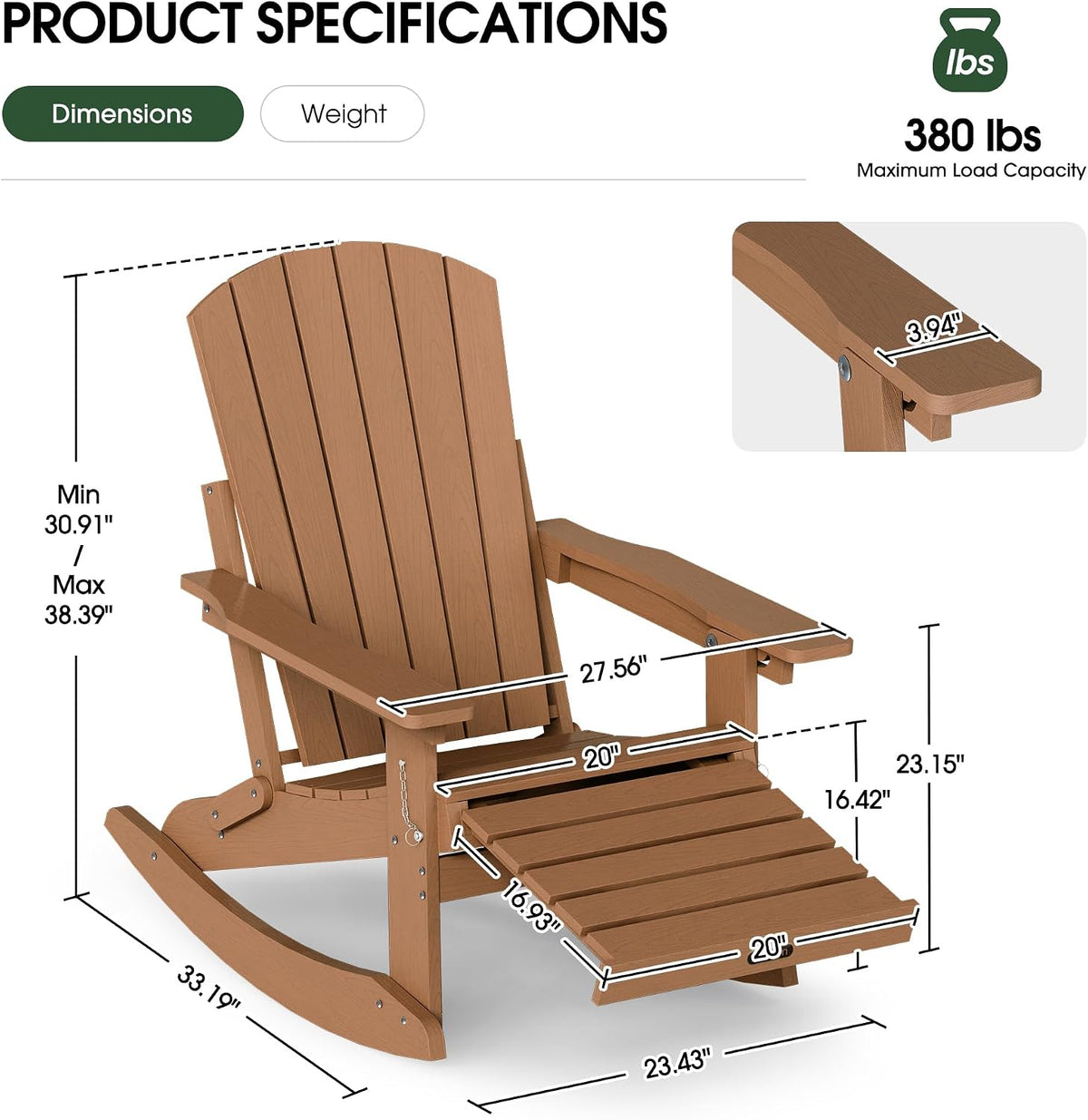 4-in-1 Rocking Adirondack Chair with Footrest, HDPE, Teak