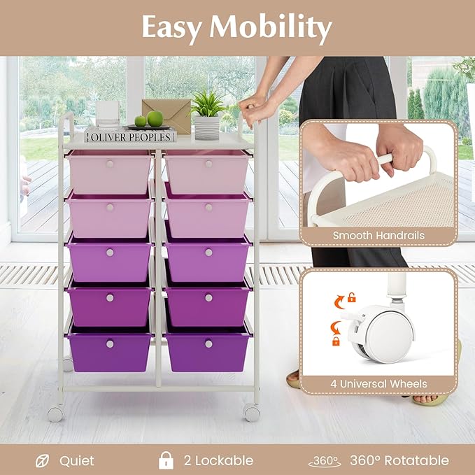 LDAILY 10 Drawer Rolling Cart, Storage Cart Organizer on Wheels, Drawer Cart - Image 4
