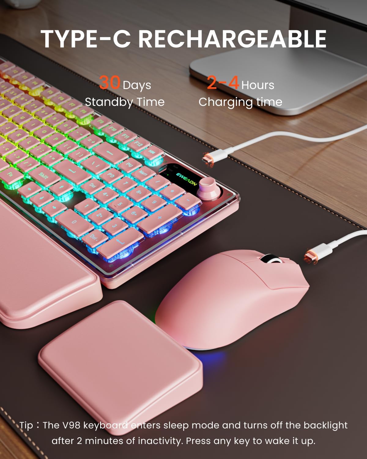 EWEADN V98 Wireless Keyboard and Mouse Combo with Dual Wrist Rest, Pink