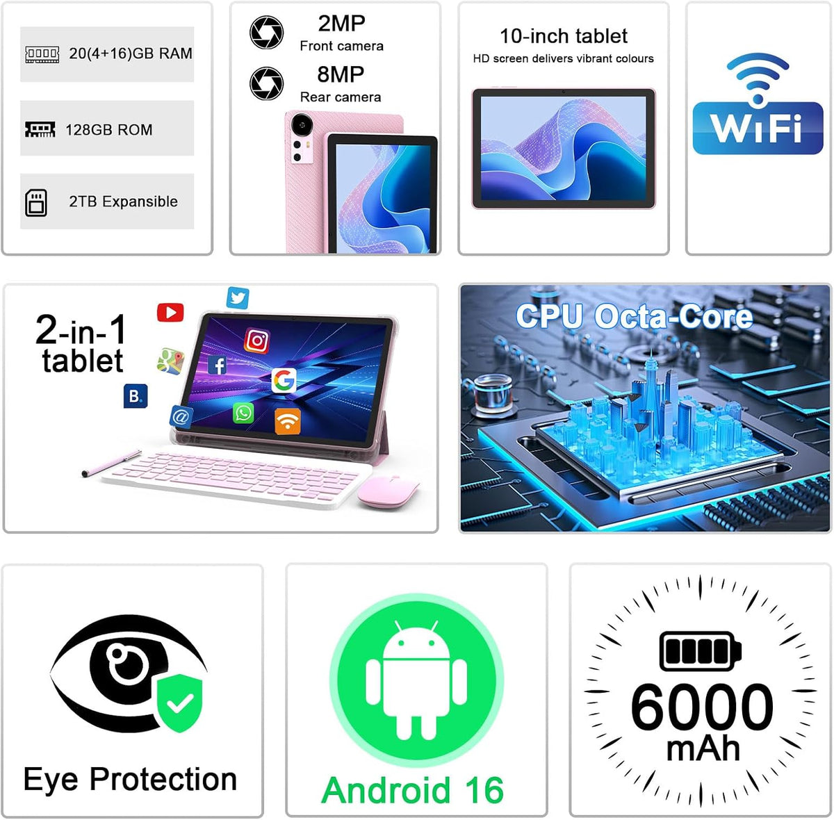 CUPEISI Android 16 Tablet 10 Inch, 20GB RAM+128GB ROM/ 2TB Expandable, 2.0GHz...