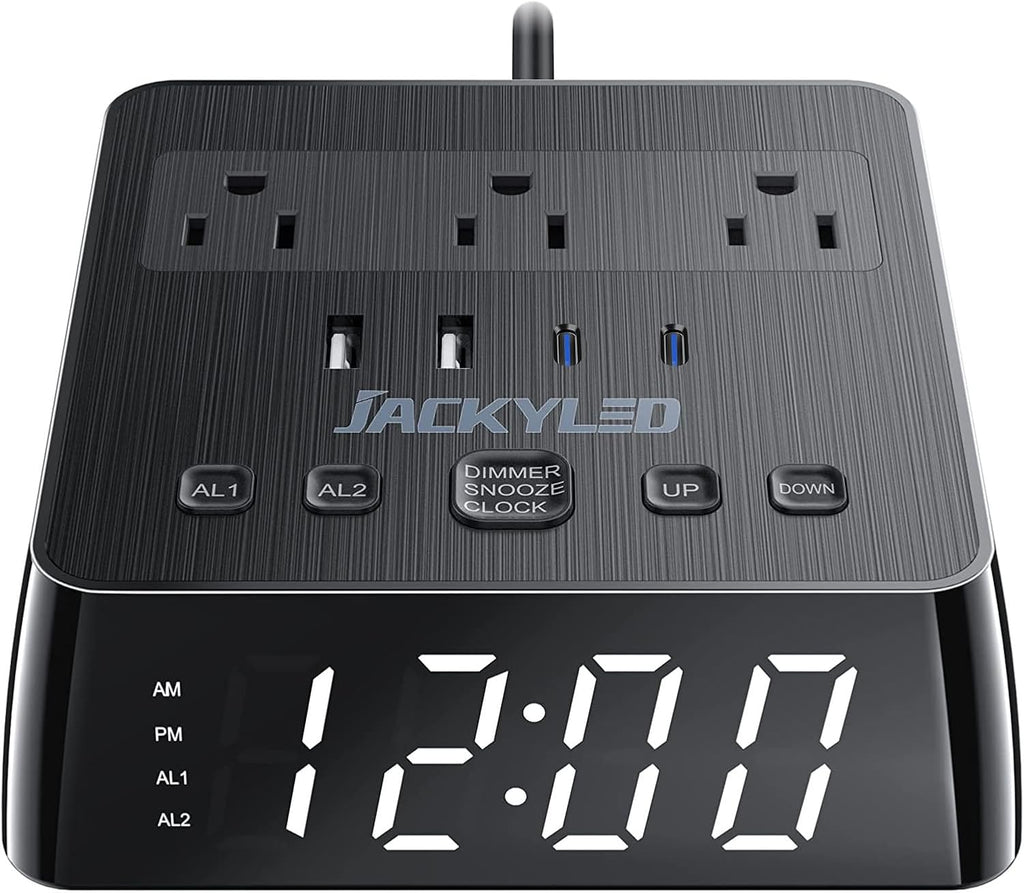 jackyled alarm clock with 4 usb chargers, power, main product view
