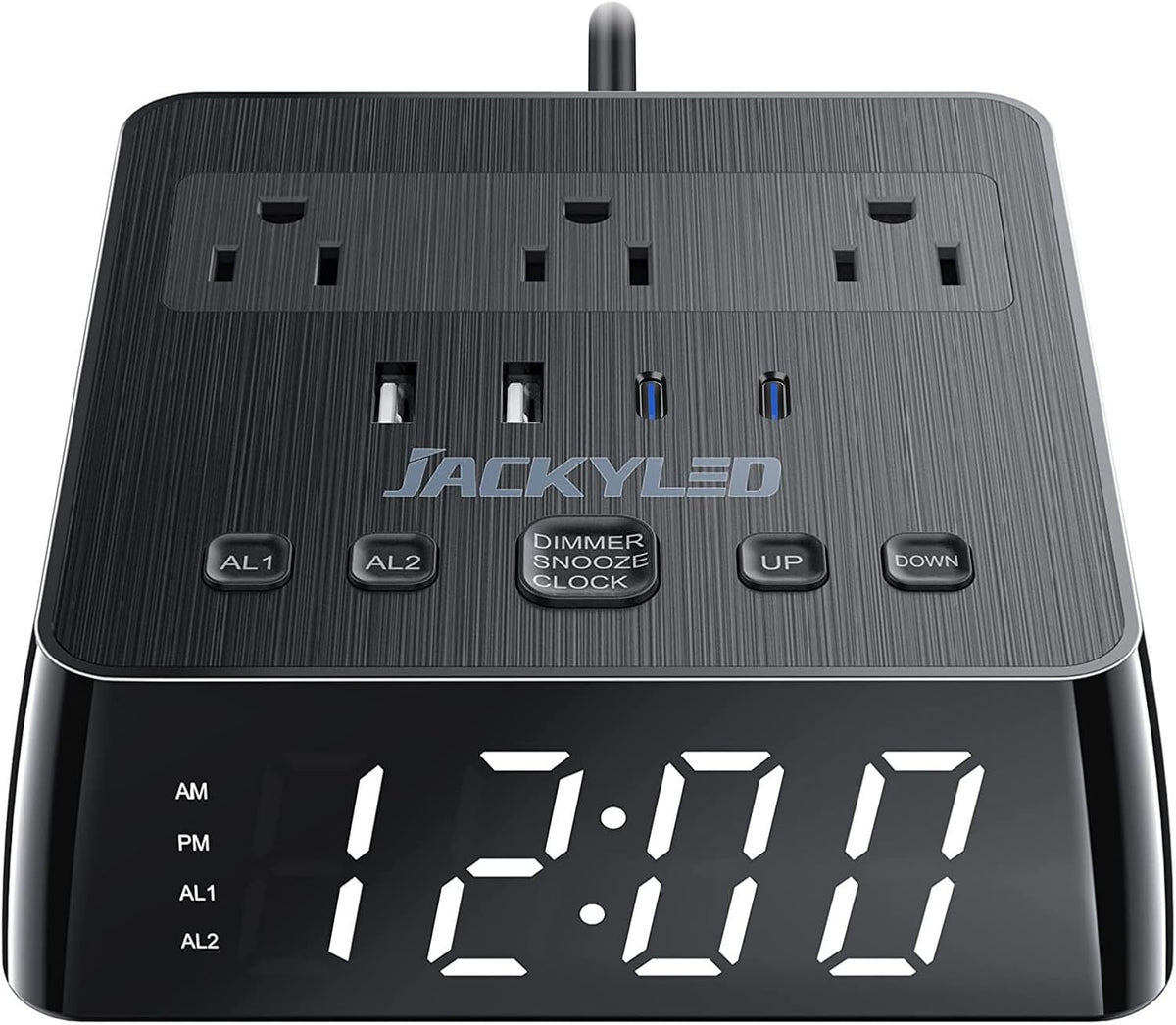 jackyled alarm clock with 4 usb chargers, power, main product view
