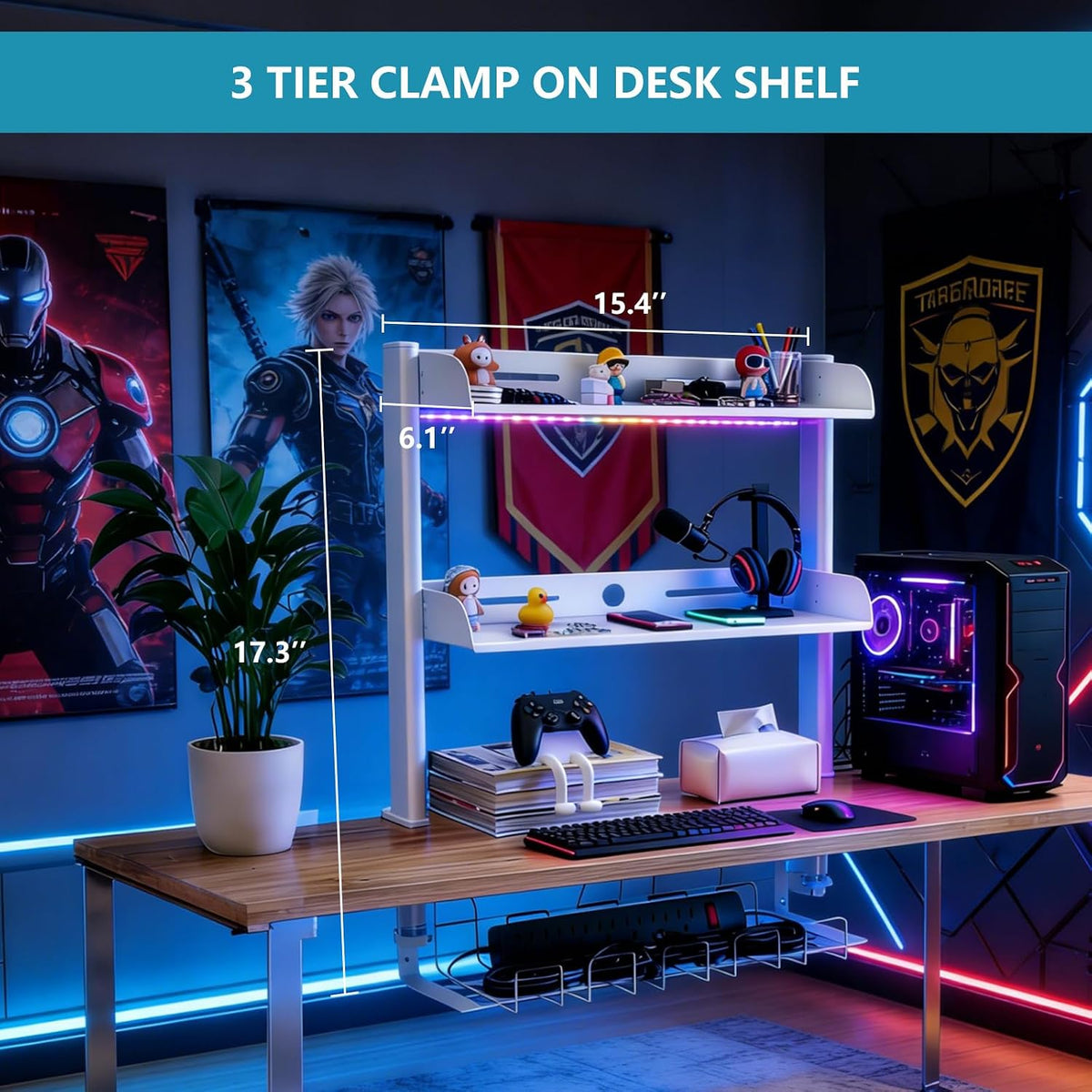 3 Tier Clamp on Desk Shelf,Desktop Organizer with Under Desk Hidden Basket