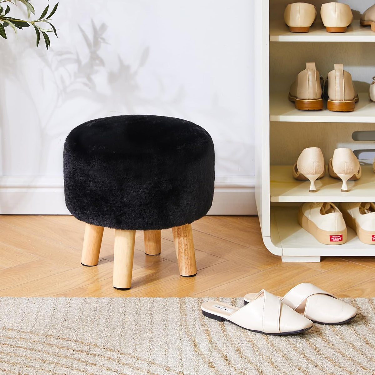 YMYNY Round Pouf Ottoman, 12.6" Small Foot Stool, Black HBD035B