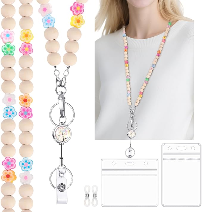 Teacher Lanyard with ID Holder Flower Cute Wooden Beaded Lanyards by BESARME