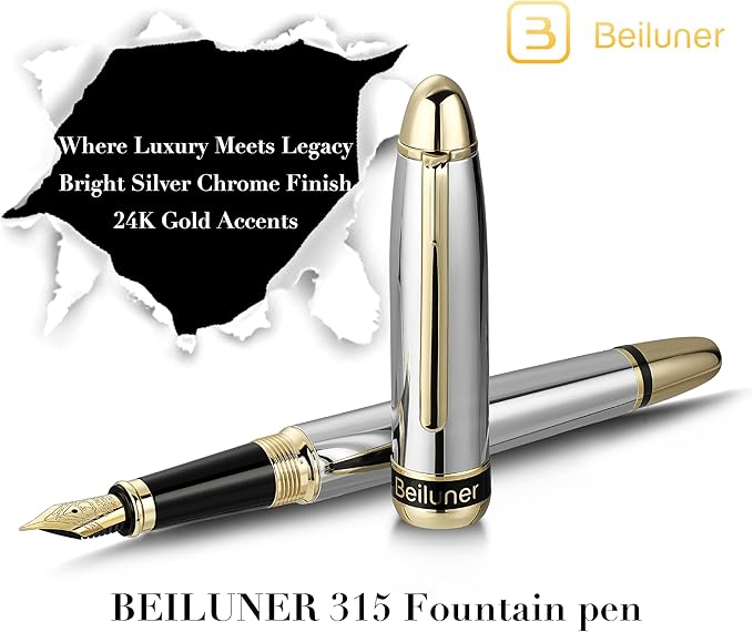 BEILUNER 315 Silver Chrome Fountain Pen, Stunning Luxury Pens - Image 2