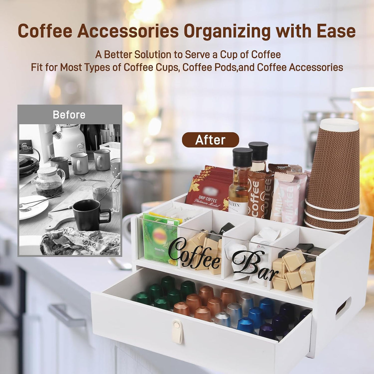 2-Tier Coffee Bar Organizer with Clear Acrylic Top, Built-in Drawer and Leath...