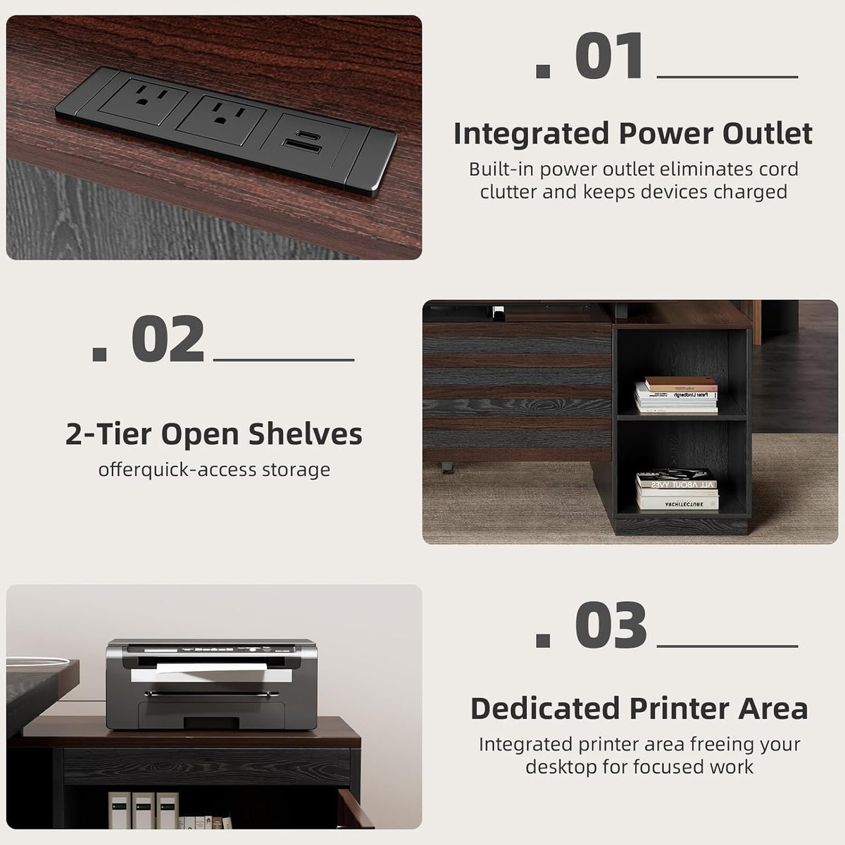 Epecoya 78-Inch Executive L Shape Desk with Storage, Dark Brown Black