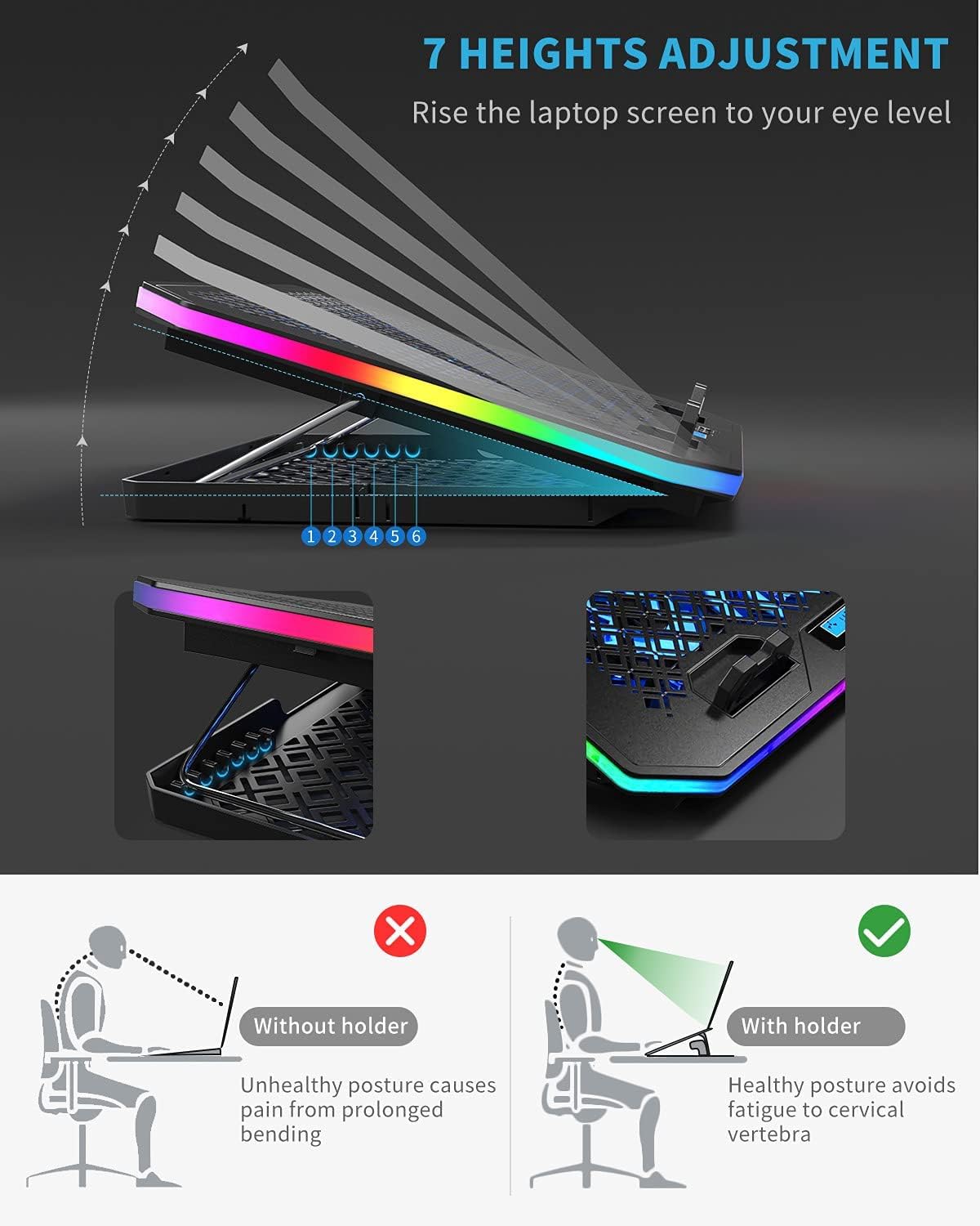 KeiBn Upgarde Laptop Cooling Pad, RGB Lights Laptop Cooler 6 Fans for 15.6-17...