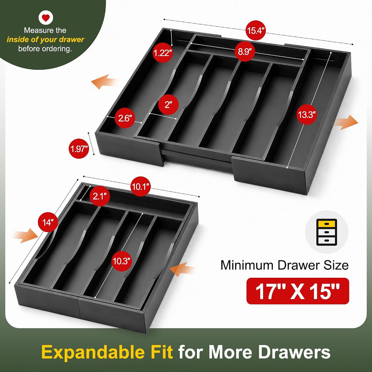 Bellsal Black Silverware Organizer Kitchen Drawer Organizer Expandable Bamboo...