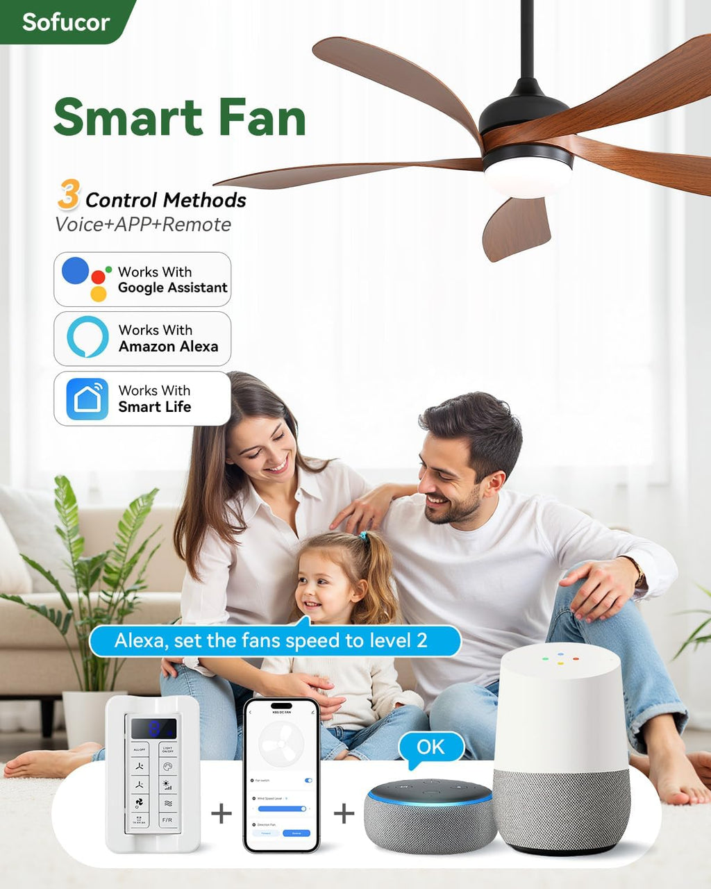 sofucor 52 inch smart modern ceiling fan with shown in use