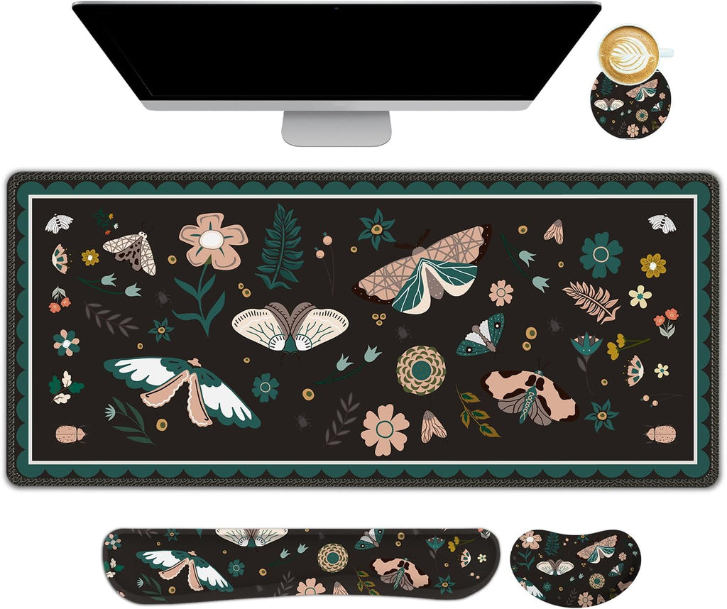 Large Mouse Pad and Keyboard Wrist Rest, Desk Pad for Keyboard and Mouse, Gaming Mousepad with Wrist Support, Non-Slip Desk Mat for Home Office, Black Butterfly Flower