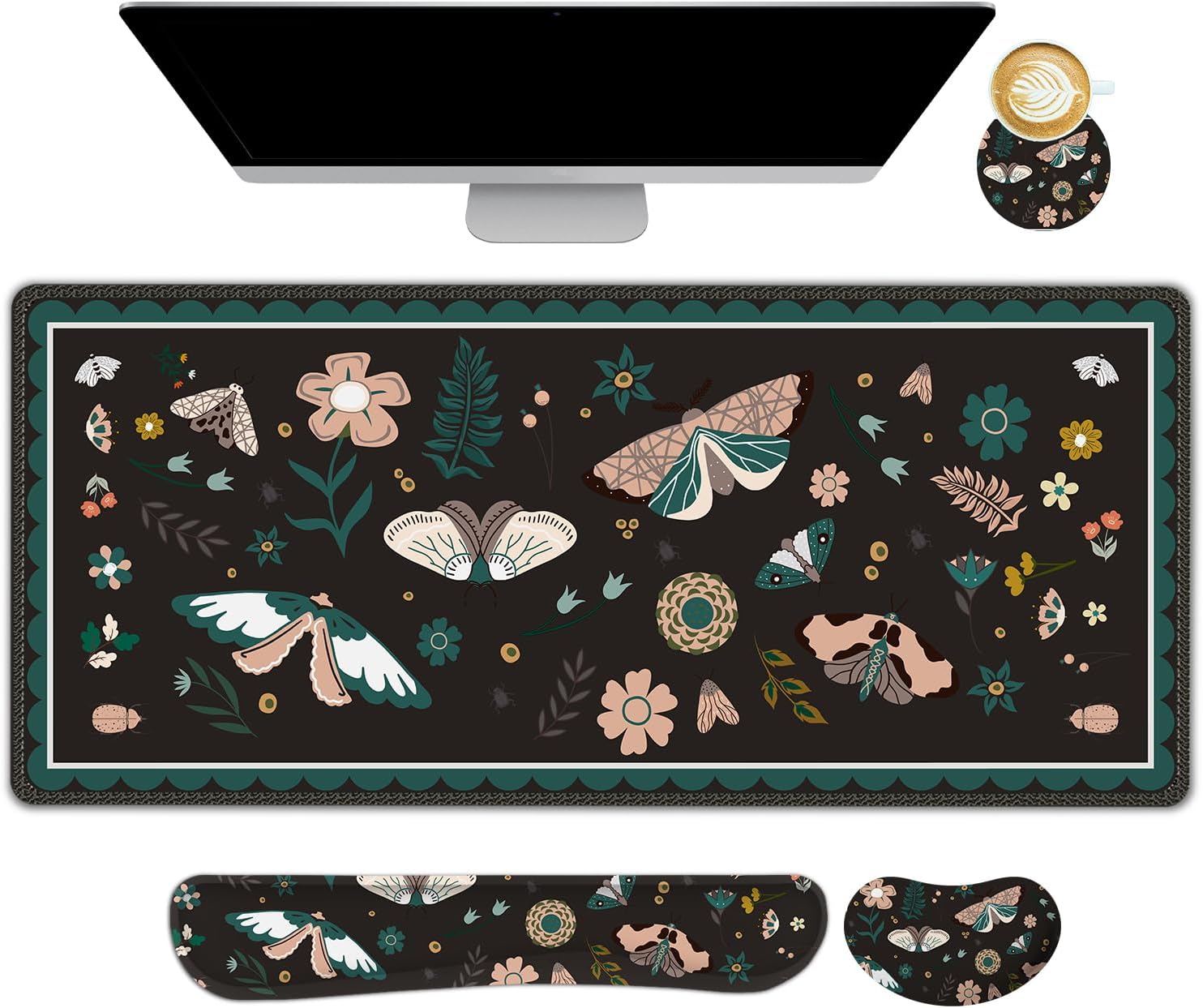 Large Mouse Pad and Keyboard Wrist Rest, Desk Pad for Keyboard and Mouse, Gaming Mousepad with Wrist Support, Non-Slip Desk Mat for Home Office, Black Butterfly Flower