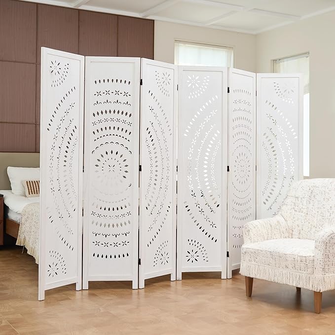 66.9Inch Folding Room Divider, 6 Panels Wood Carved Privacy Screens, Free - Image 2