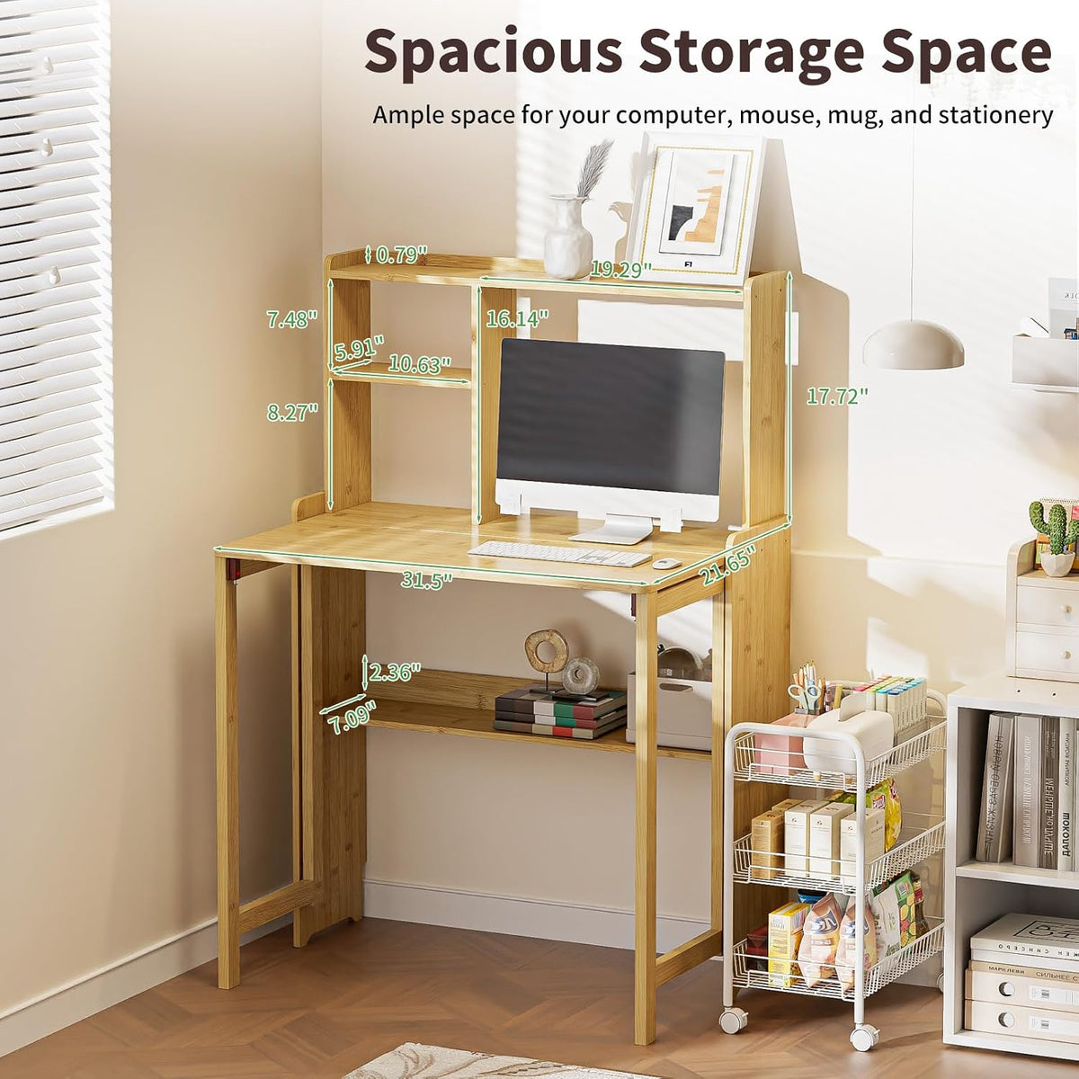 Folding Desk for Small Spaces, Bamboo Foldable Desk with Bookshelf, Natural