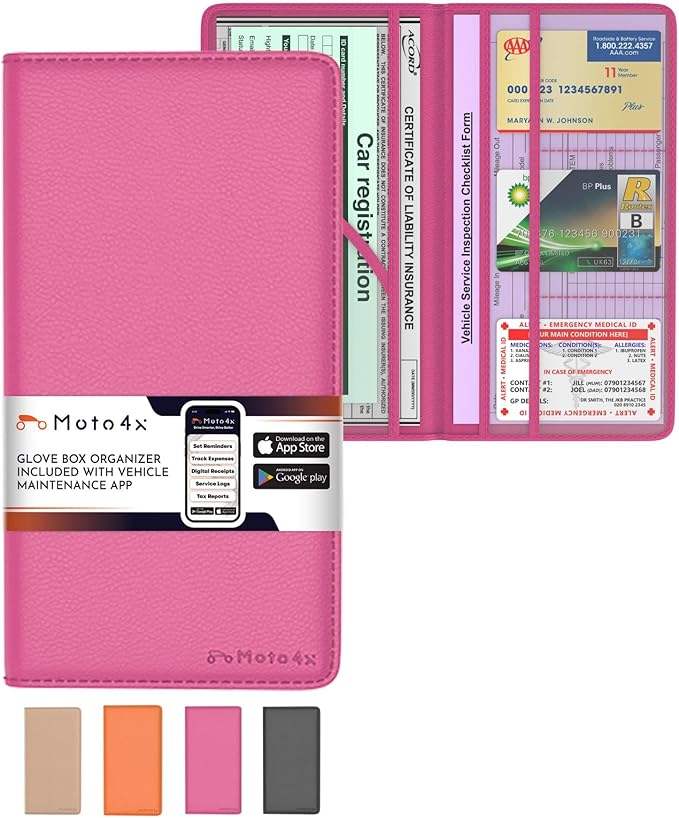 Pink Magnetic Shut Insurance and Registration Holder, Premium PU Leather Glove by MOTO4X