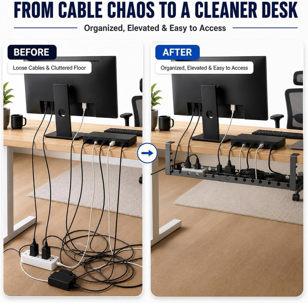 Under Desk Cable Management Tray, No Drill Clamp Mount, 17-30 Inch