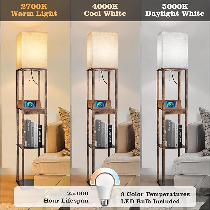 RUNTOP Floor Lamp with Shelves, Shelf Floor Lamp with Wireless Charger & 2 - Image 3
