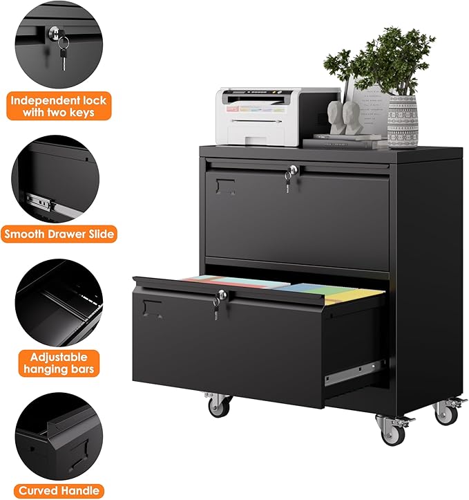 METAN Upgrade 2 Drawers Lateral File Cabinet on Wheels, Steel Office Filing - Image 4