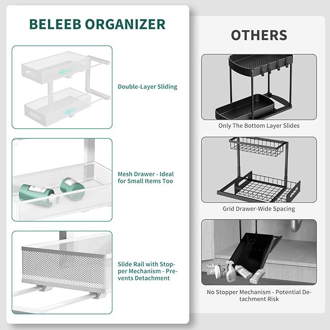 Beleeb Under Sink Organizer, 1 Pack 2 Tier Metal Slide Out Pull Out Cabinet - Image 6