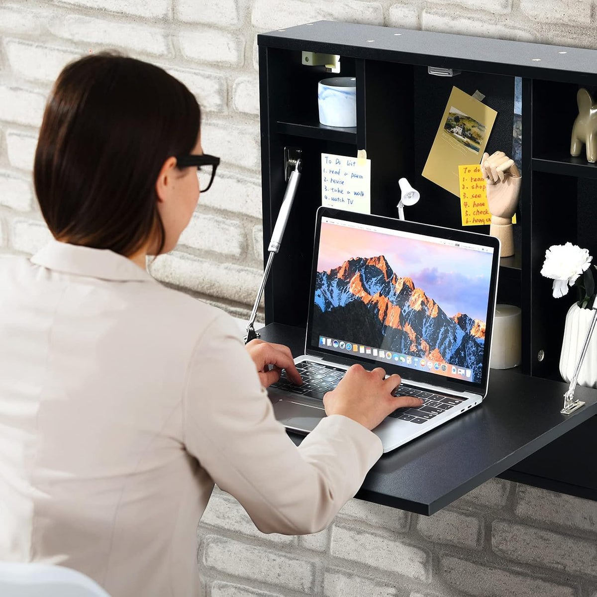 COSTWAY Wall-Mounted Computer Desk, Floating Desk with Storage Drawer & S...