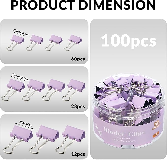 NEEWAY 100 Count Binder Clips Assorted Sizes, Paper Binder Clips, Metal Paper - Image 2