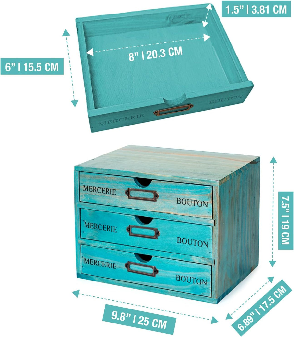 Turquoise 3-Tier Drawer Unit - European Country Style Desk Organizer Box - 9....