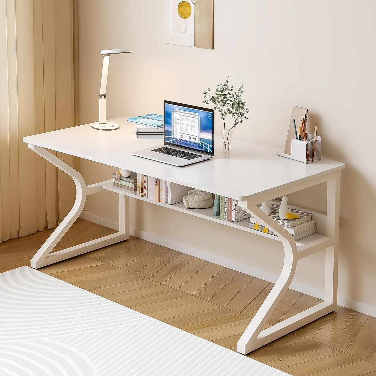 OSCHF 47.3-Inch Writing Desk with Storage Shelf, Warm White