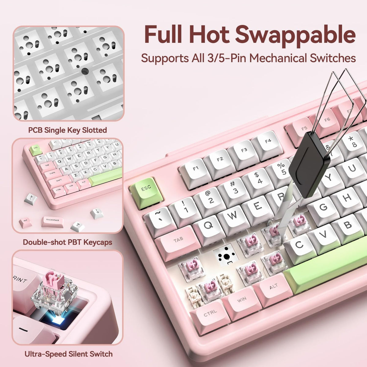 AUSDOM H98 Pink Creamy Mechanical Keyboard, 96% Silent Quiet Wireless Keyboar...
