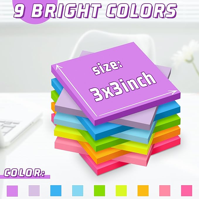 Sticky Notes 3x3 in Post, 9 Bright Colors Self-Stick Note Pads it, Strong - Image 2