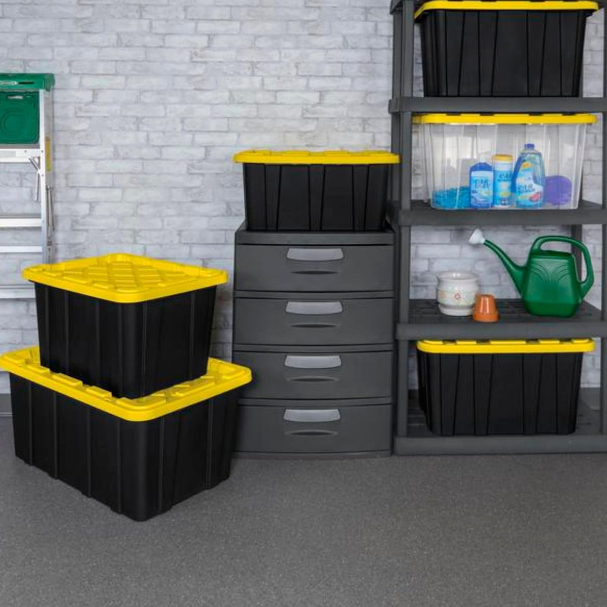 sterilite industrial storage tote with lids for garage on a desk or shelf