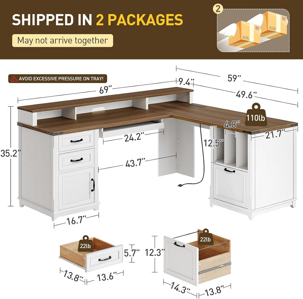 RALGEND 2 Pack Farmhouse 69" L Shaped Office Desk with Drawers