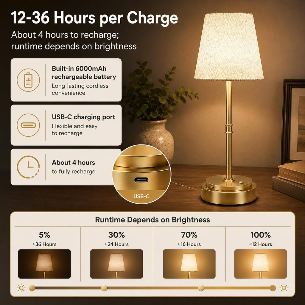 rechargeable cordless table lamp, nightstand to end table,gold,1 showing dimensions
