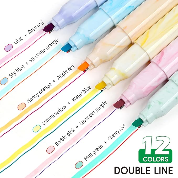 Techjob Aesthetic Highlighters 6 Pack Dual Tips, Double Line Highlighters - Image 4