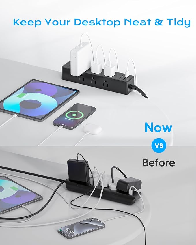 Flat Plug Desk Clamp Power Strip 10FT, 24W Total Charging Station, Desk Edge - Image 3