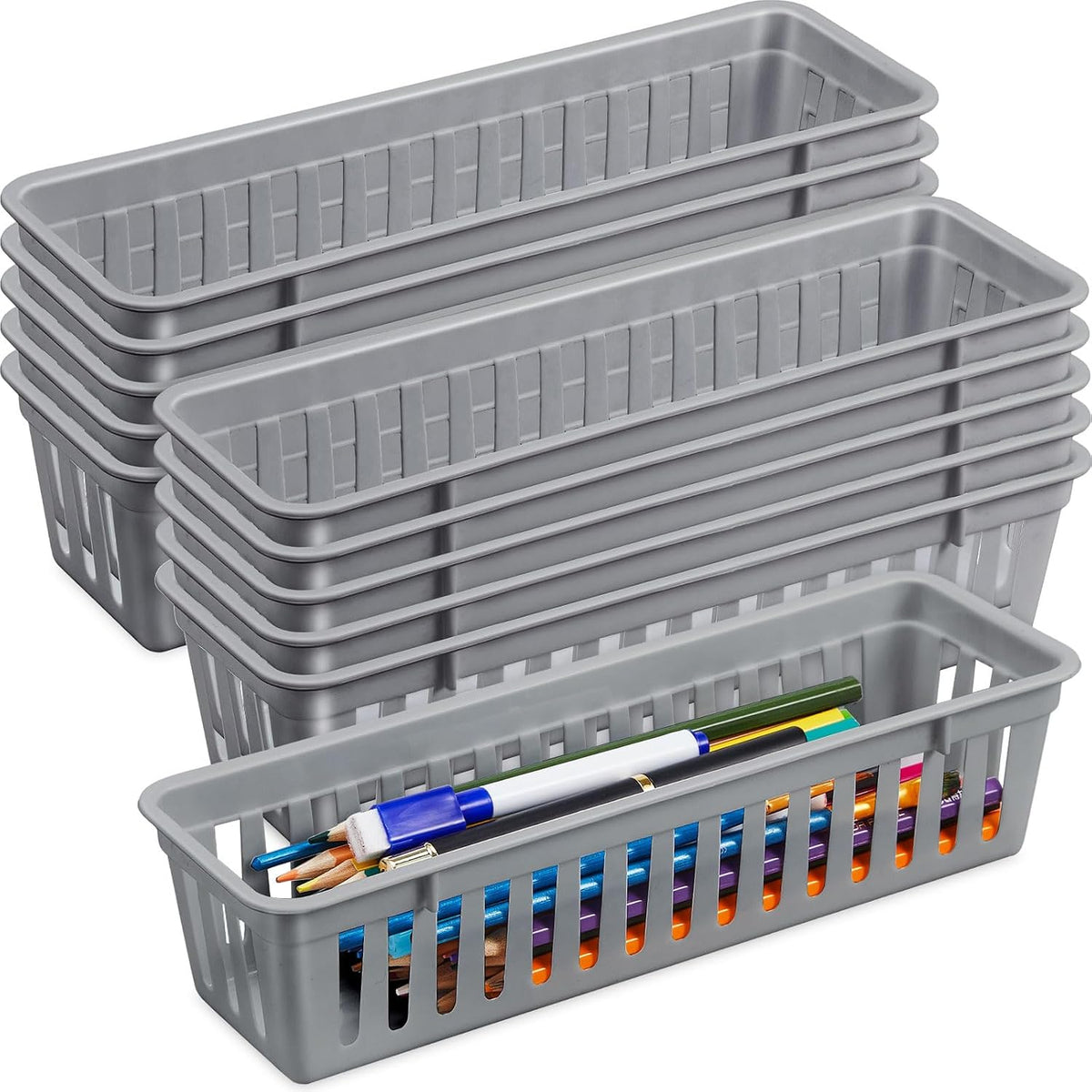 Domensi 24 Pack Slim Plastic Storage Basket Tray Organizer, Gray